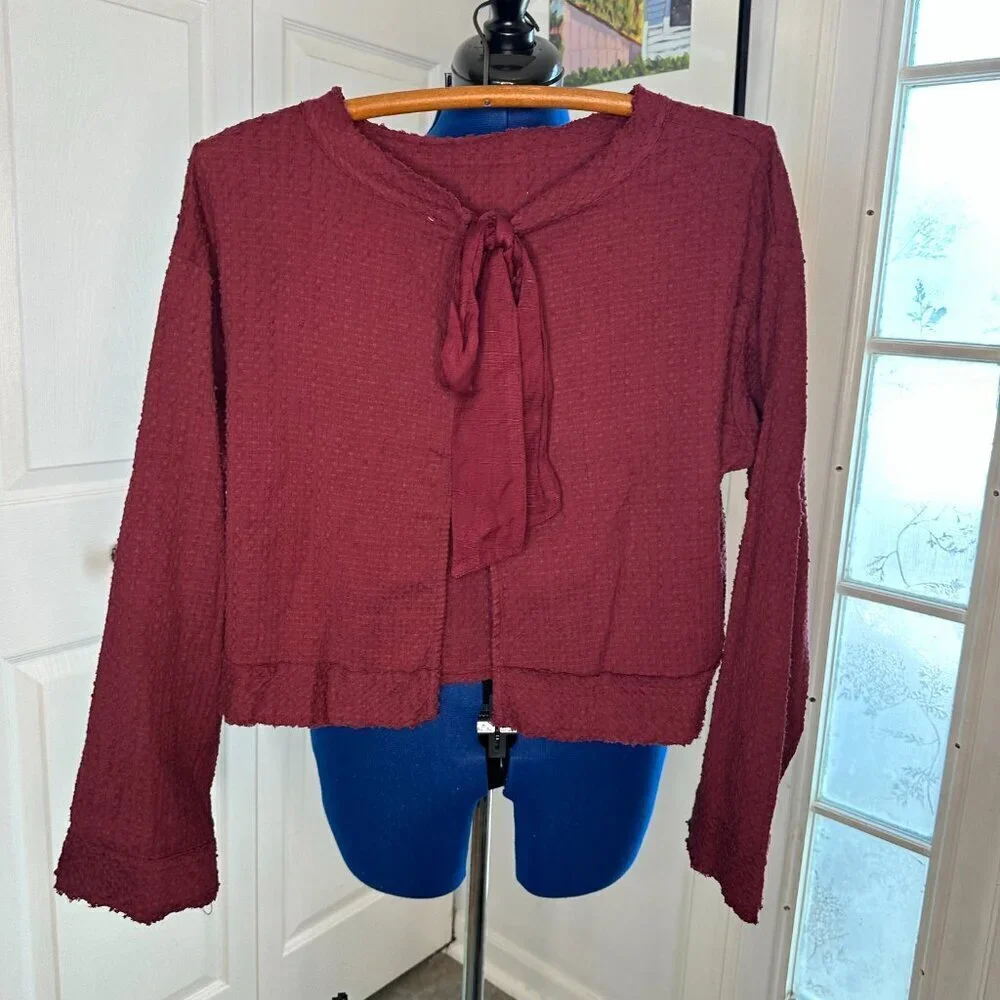 Free People Walking in Hueco Cropped Cranberry Maroon Tie-Back Top Size XS